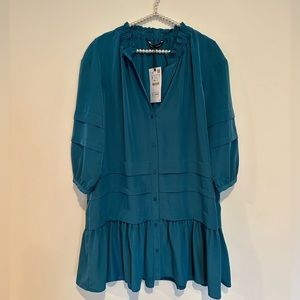 Zara flowy v neck button down long sleeve dress turquoise blue NWT size small